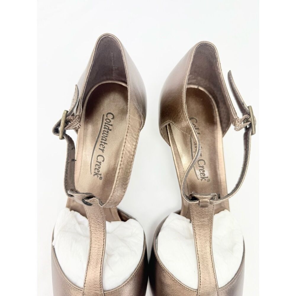 Coldwater Creek Bronze Metallic T Strap Pointed Square Toe Kitten Heel Pumps NEW - Picture 8 of 16